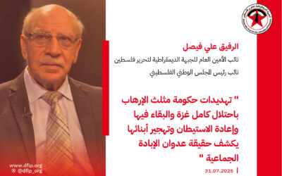 علي فيصل: تهديدات حكومة مثلث الإرهاب باحتلال كامل غزة والبقاء فيها وإعادة الاستيطان وتهجير أبنائها يكشف حقيقة عدوان الإبادة الجماعية